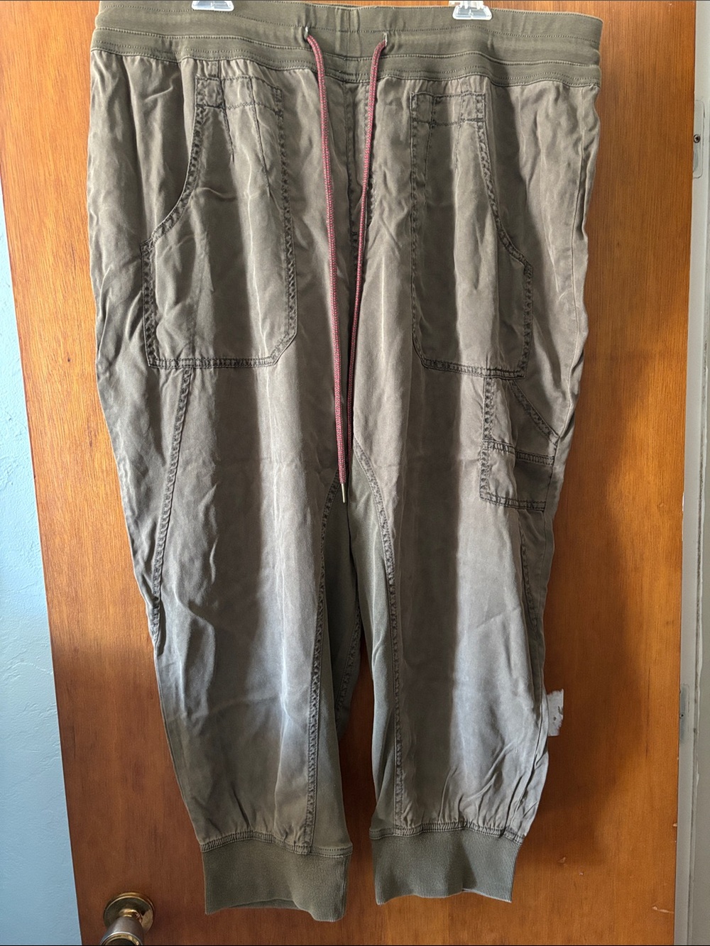 Anthropologie Olive Green Cargo Jogger Pants with Maroon Drawstring